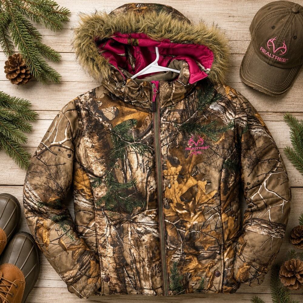 Realtree Xtra Women’s Camo Puffer Jacket XXL Pink Faux Fur Hood Insulated